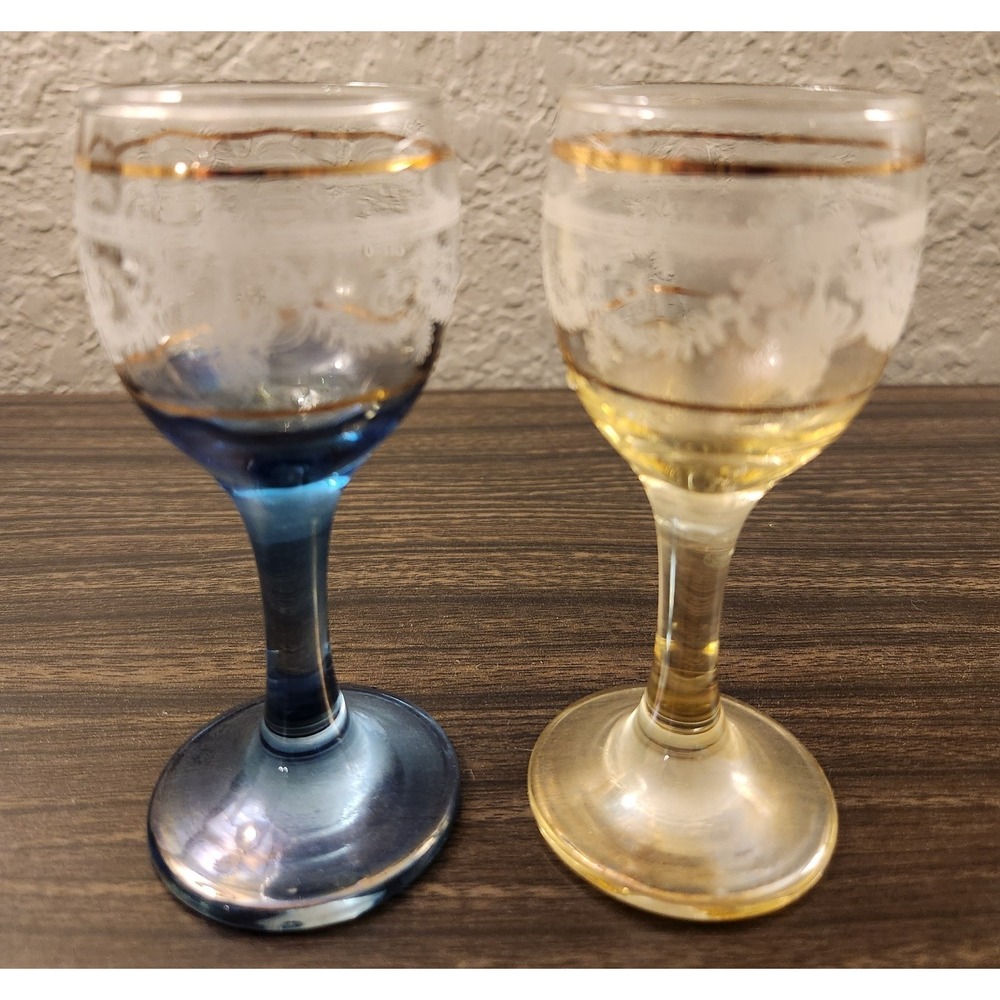 Venezia Cordial Glass LOT Etched Gold Accent Blue Yellow Italian Stemware